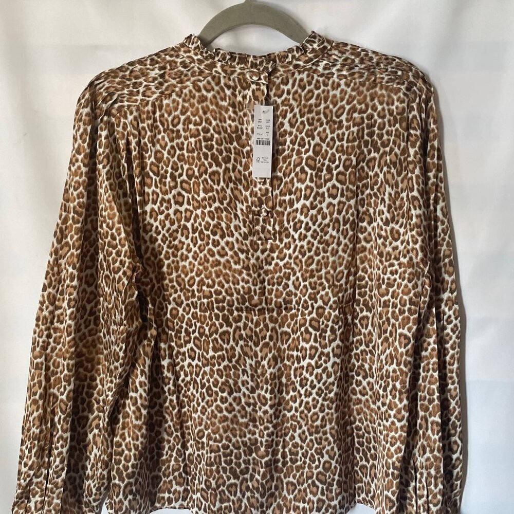 J Crew Leopard Top Womens Large Long Sleeve Ruffle Neck Relaxed Brown Blouse - Picture 5 of 7